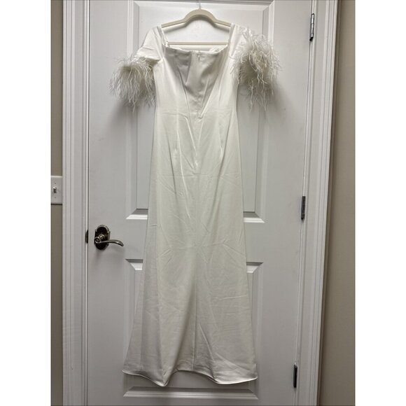 MAC DUGGAL Size 6 White 11441 Feather Off The Shoulder Gown Dress Wedding Bride - Picture 7 of 12